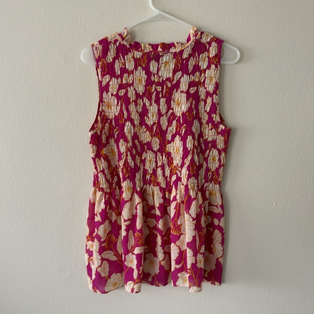 Cynthia Rowley Smocked Floral Print Sleeveless Blouse - Picture 4 of 4